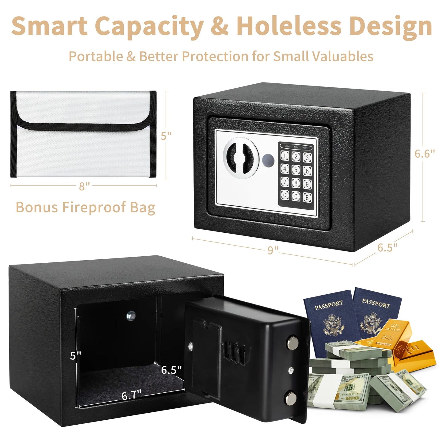 0.2 Cubic Feet Electronic Digital Safe Box, Steel Money Safe Box for Home with Fireproof Money Bag for Cash Safe Hidden