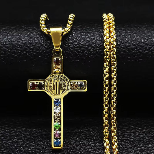 Catholic Jesus Cross Stainless Steel Necklace Saint Benedict Crystal Virgin Mary Pendant Crucifix Male Necklaces Jewelry Cruz
