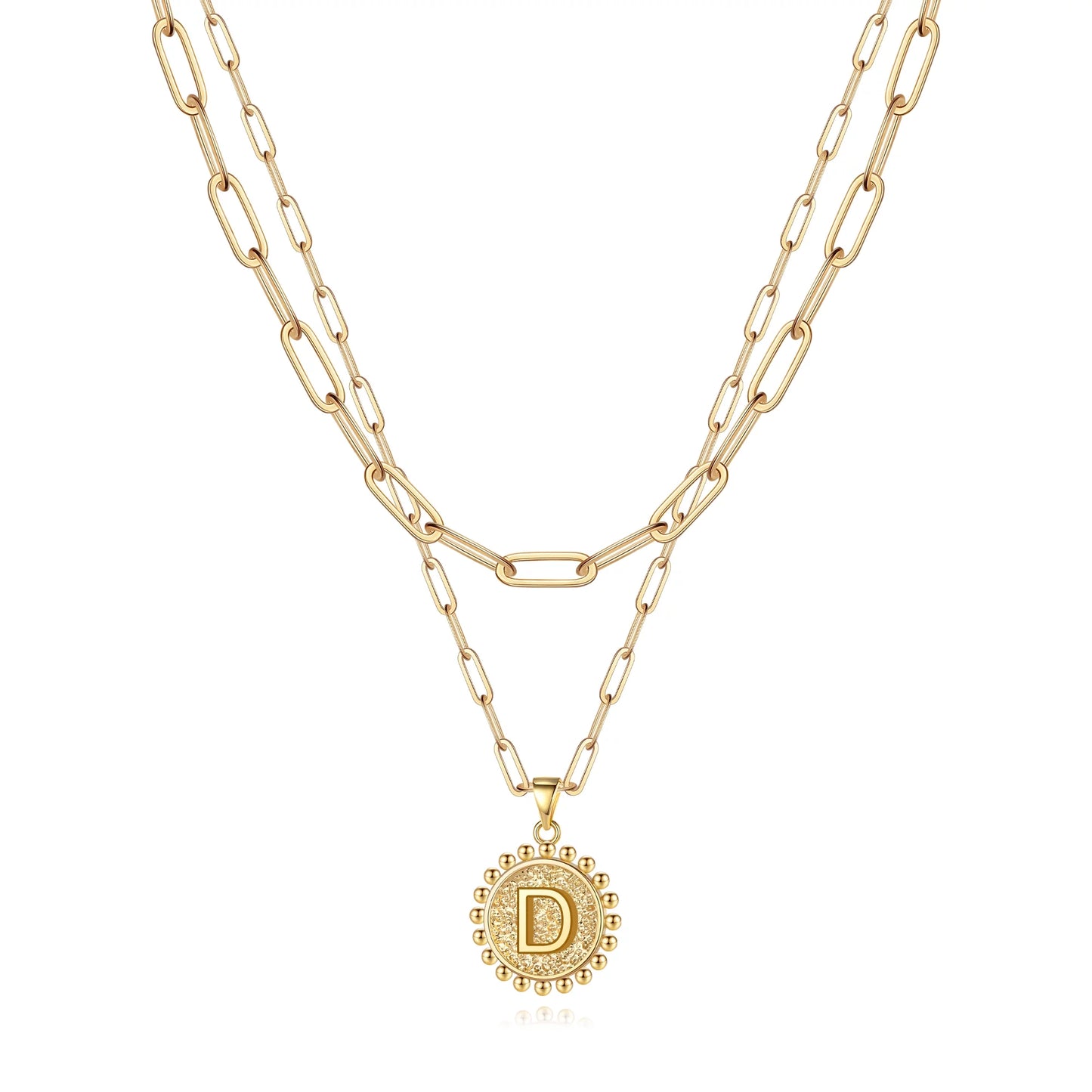 Gold Initial Necklaces for Women Girls 14K Gold Plated Dainty Layering Paperclip Link Chain Necklace Coin Initial Layered Gold Necklaces for Women