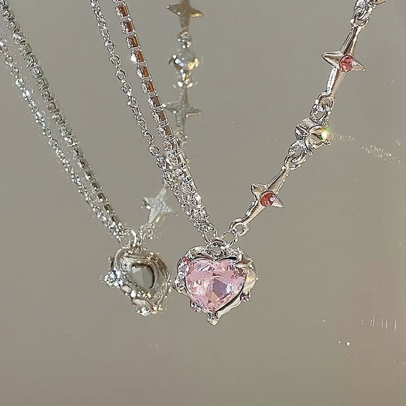 Elegant Heart Shaped Zircon Pendant Necklace Fashion Multilayer Magnetic Clasp Clavicle Chain for Women New Party Gift Jewelry