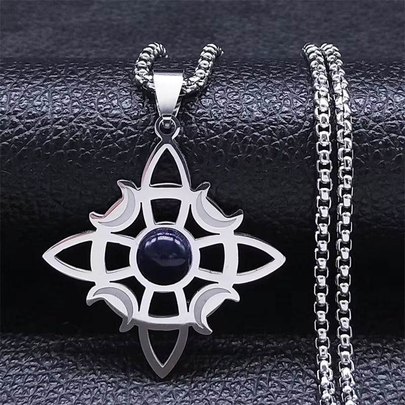 Wicca Celtic Knot Triple Moon Goddess Necklace Stainless Steel Natural Stone Witch Amulet Chain Necklaces Jewelry Collar