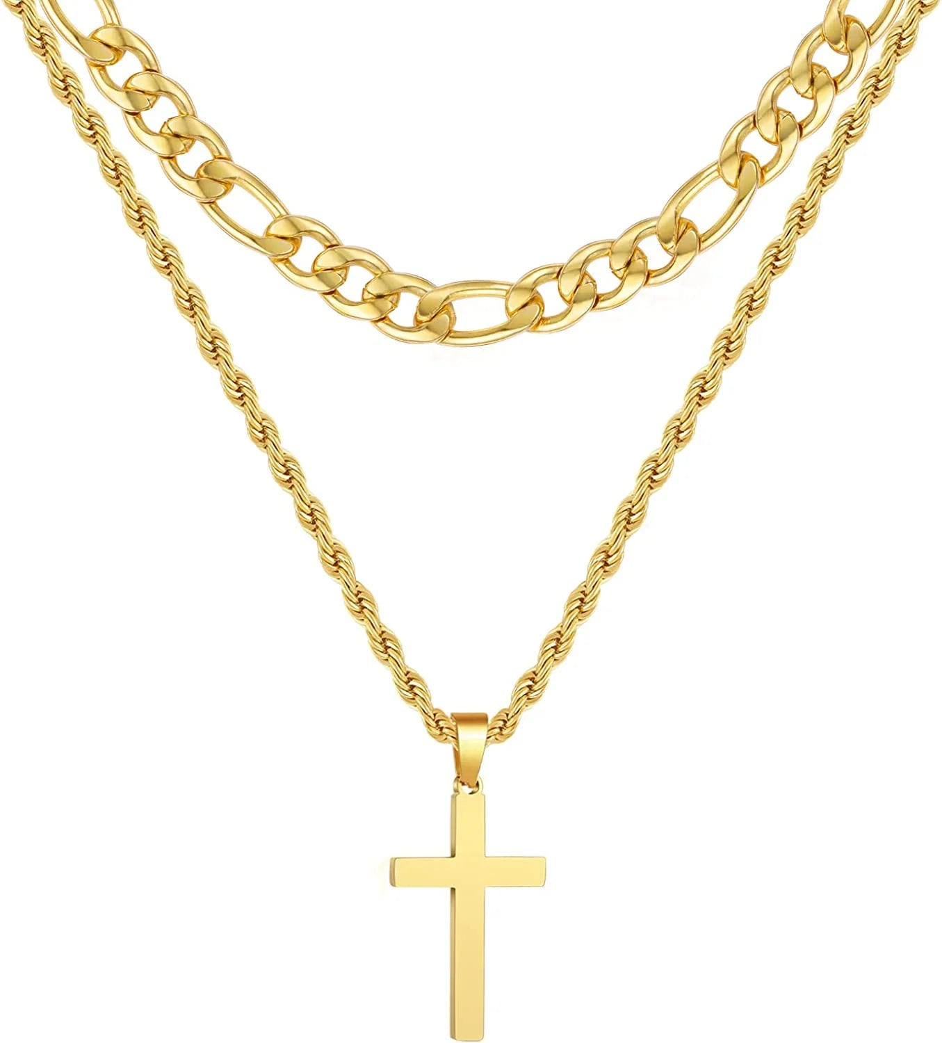 Layered Gold Cross Necklace for Men Boyfriend Son Dad Husband Brother Adult Male Young Stainless Steel Layered Figaro Twist Rope Chains Cross Pendant Necklaces Set Christian Religious Catholic Gifts