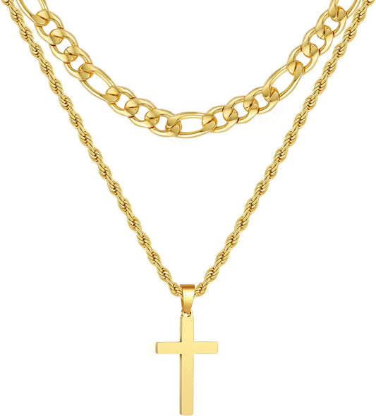 Layered Gold Cross Necklace for Men Boyfriend Son Dad Husband Brother Adult Male Young Stainless Steel Layered Figaro Twist Rope Chains Cross Pendant Necklaces Set Christian Religious Catholic Gifts