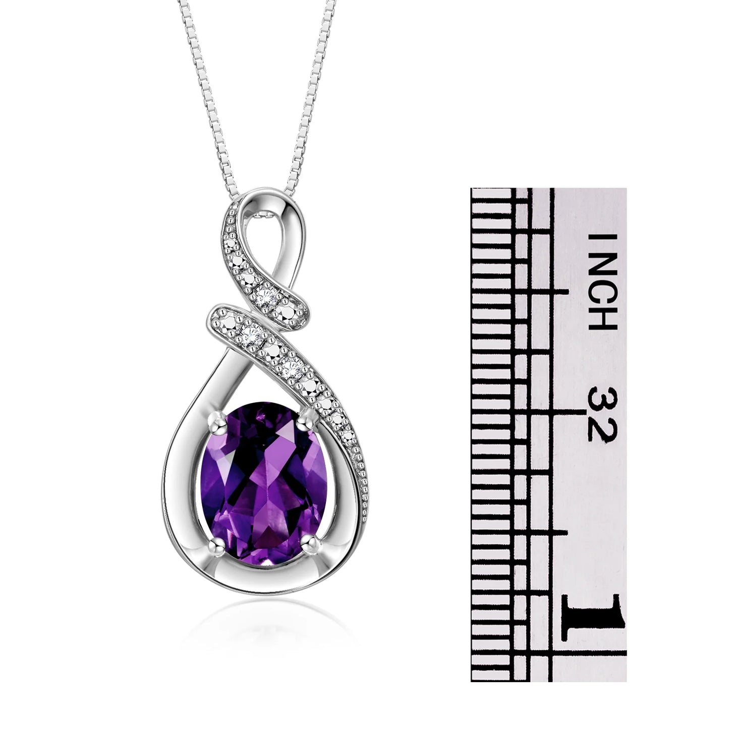 Necklace Sterling Silver Classic Designer Necklace Gemstone & Diamonds Pendant with 18" Chain 9X7MM Amethyst February Birthstone Womens Jewelry Silver Necklace