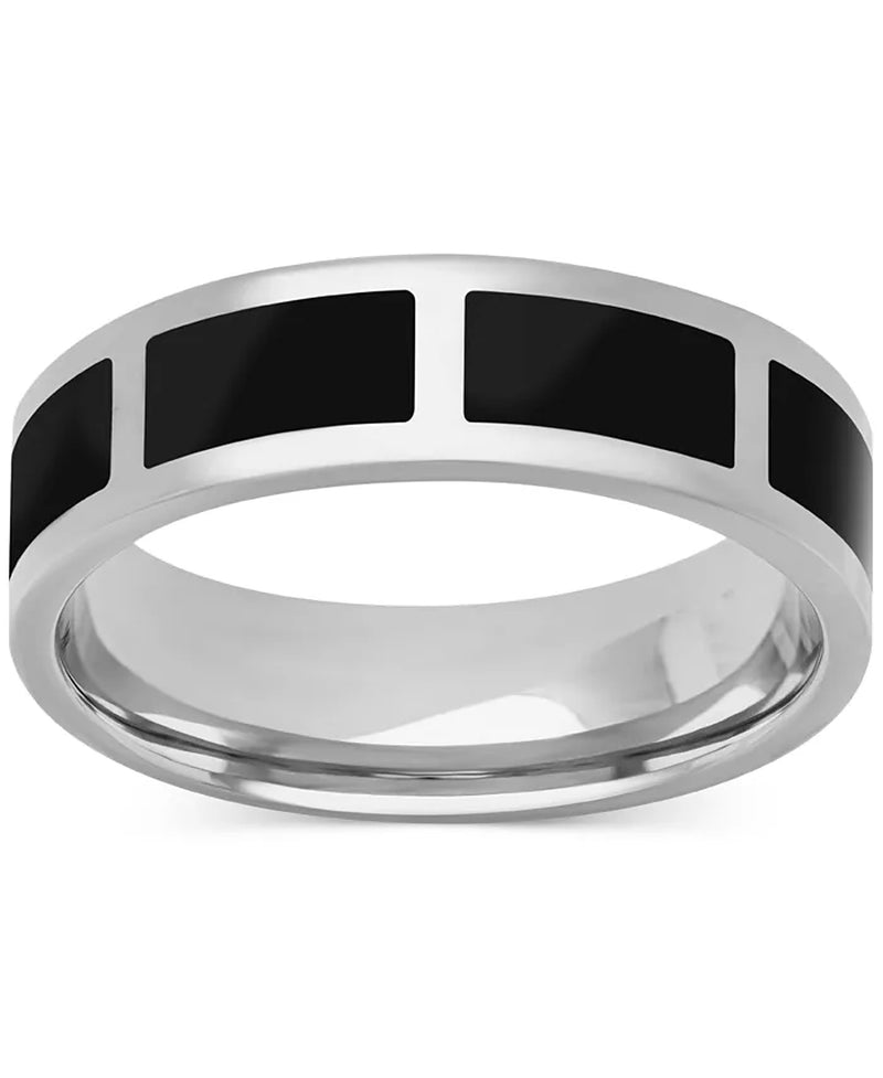 Men'S Polished Black Ceramic Segmented Band in Sterling Silver