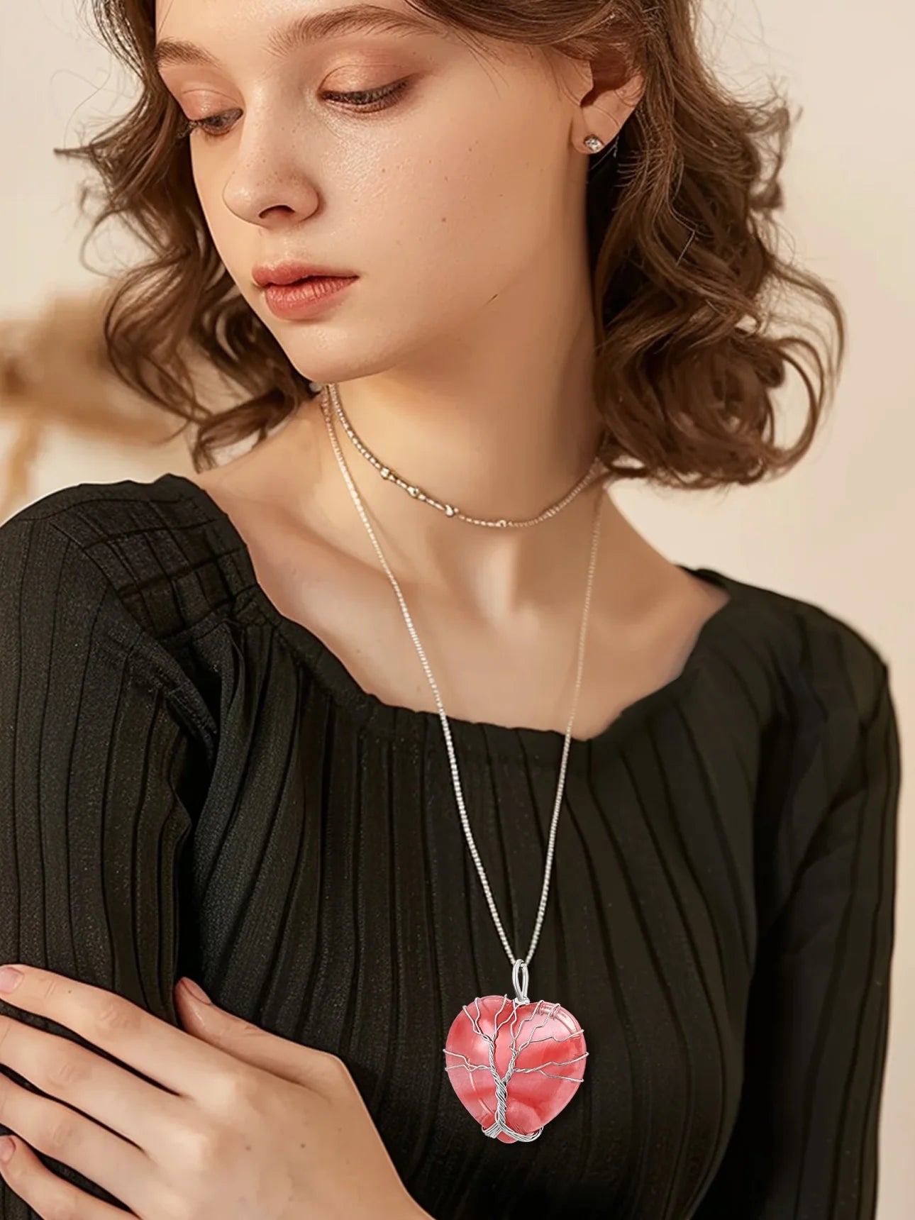 Tree of Life Heart Crystal Necklaces July Birthstone Pendant Nature Red Agate Gemstones Healing Necklaces