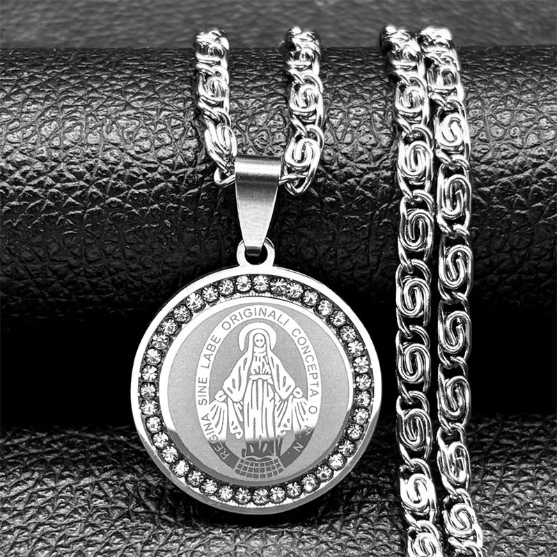 Colorful Crystal Saint Benedict Medal Necklace Women Men Stainless Steel Gold Color Chain Necklaces Jewelry San Benito N8391S05