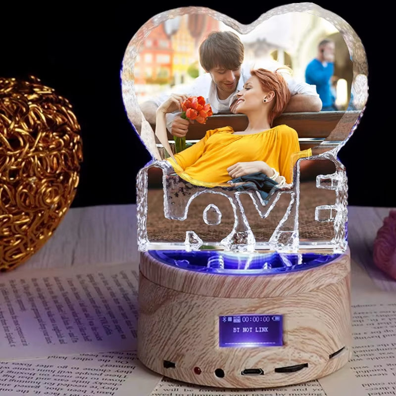 Color Love Crystal Photo Gifts Custom Picture Night Lamp Bluetooth Rotating Turntable Music Player Wedding Valentine'S Day Gift