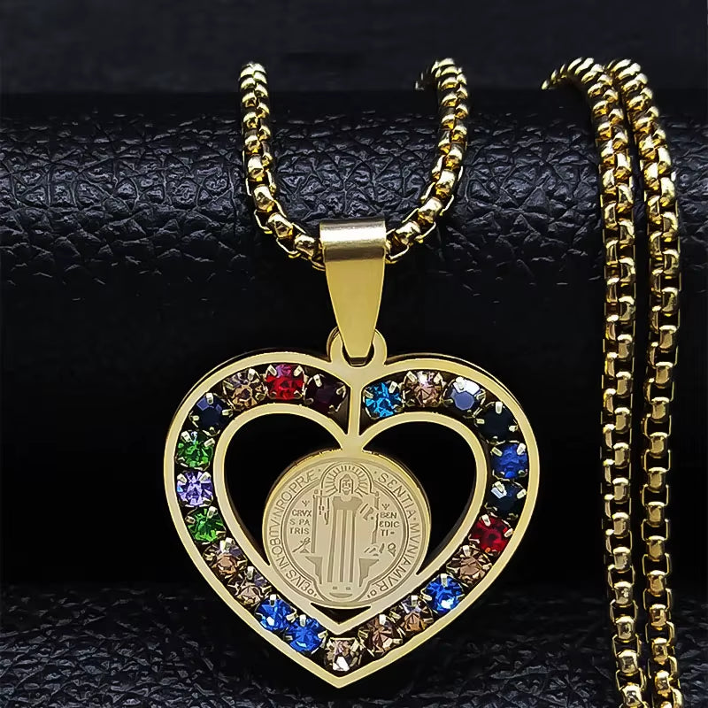 Catholic Jesus Cross Stainless Steel Necklace Saint Benedict Crystal Virgin Mary Pendant Crucifix Male Necklaces Jewelry Cruz