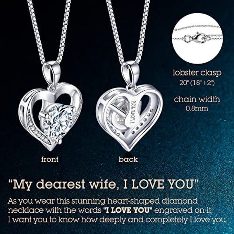 Heart Pendant Necklace Gifts for Wife, Engraved 'I LOVE YOU' Gift 2.0 Carats