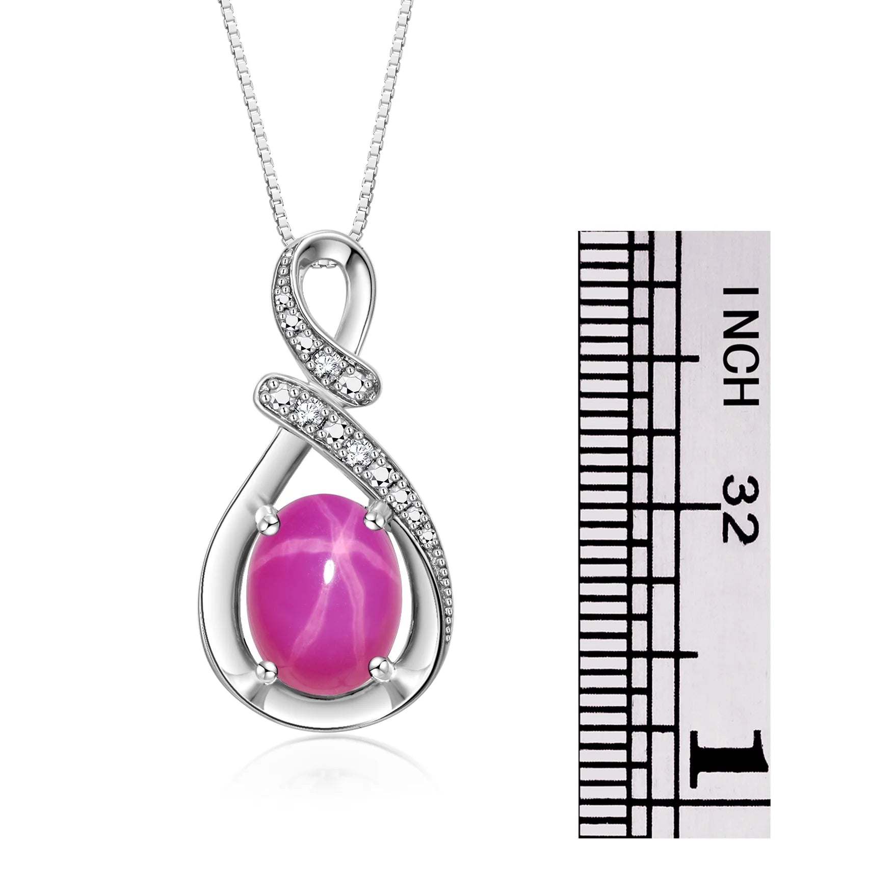 Necklace Sterling Silver 925 Classic Designer Necklace Gemstone & Diamonds Pendant with 18" Chain 9X7MM Star Ruby July Birthstone Womens Jewelry Silver Necklace