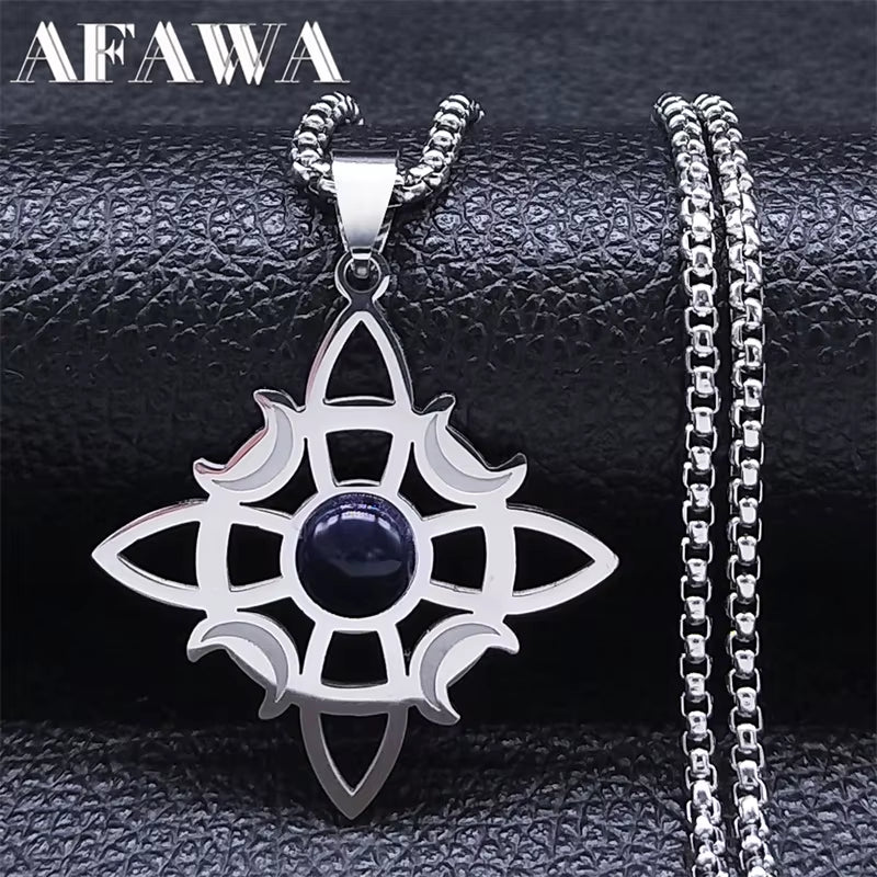 Wicca Celtic Knot Triple Moon Goddess Necklace Stainless Steel Natural Stone Witch Amulet Chain Necklaces Jewelry Collar