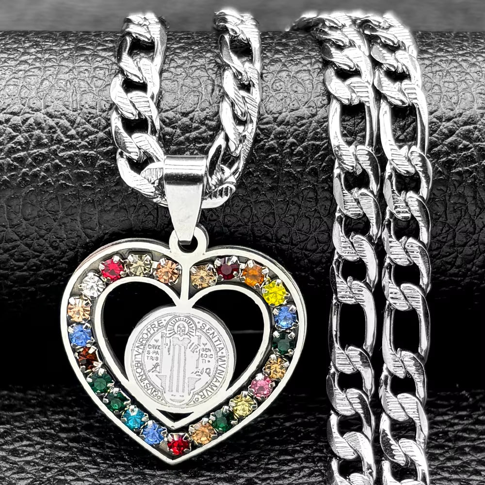 Colorful Crystal Saint Benedict Medal Necklace Women Men Stainless Steel Gold Color Chain Necklaces Jewelry San Benito N8391S05