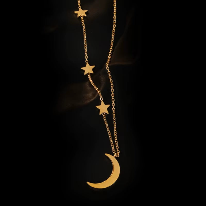 Small Crescent Moon and Stars Necklaces Hollow Double Layer Chain Choker Necklaces Unusual Statement Boho Sea Necklace