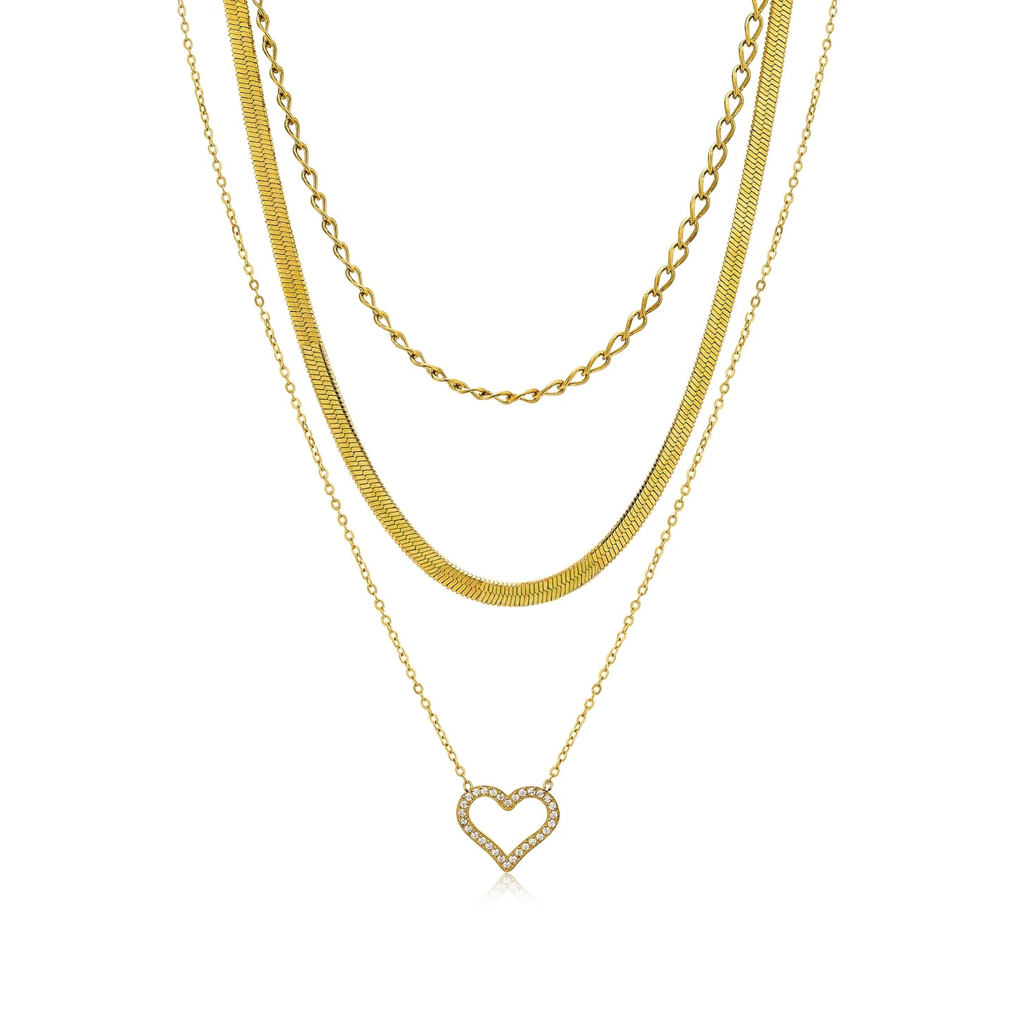 Multipack 3 Pc Women Layered Necklace Pendant, Yellow Gold Plating, Gold Chain, Choker Necklace, Herringbone Layered Necklace Jewelry Gift