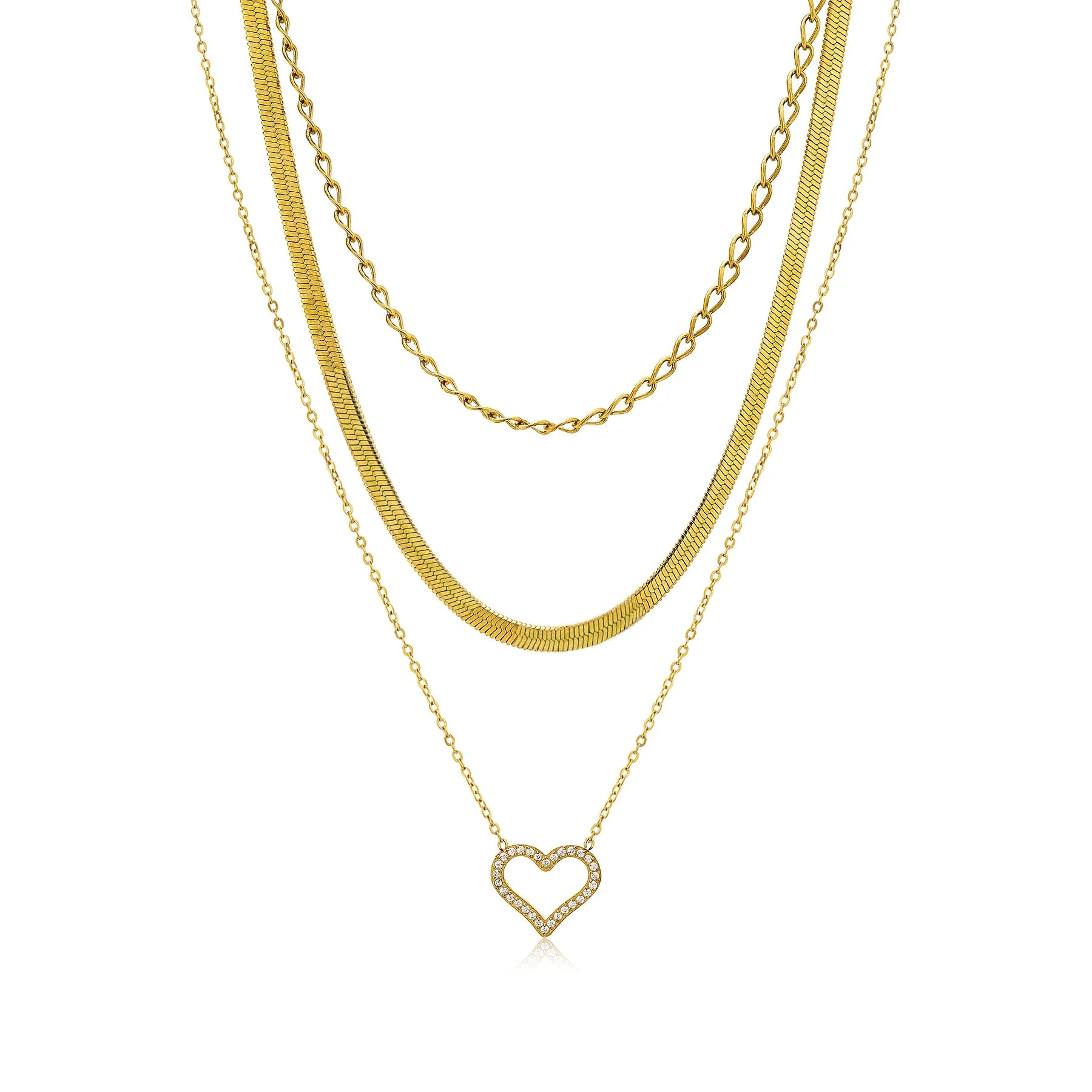 Multipack 3 Pc Women Layered Necklace Pendant, Yellow Gold Plating, Gold Chain, Choker Necklace, Herringbone Layered Necklace Jewelry Gift