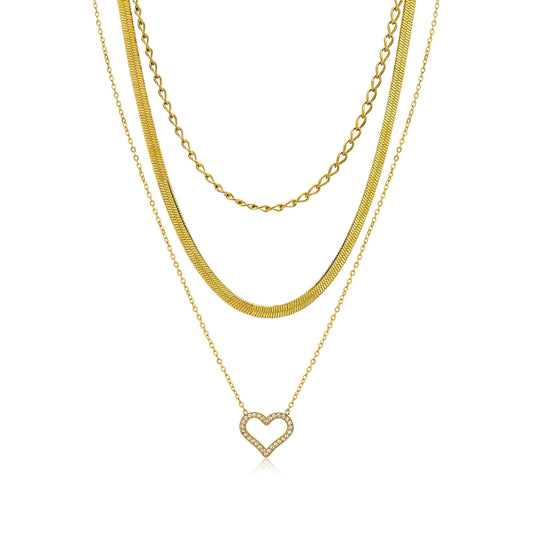 Multipack 3 Pc Women Layered Necklace Pendant, Yellow Gold Plating, Gold Chain, Choker Necklace, Herringbone Layered Necklace Jewelry Gift