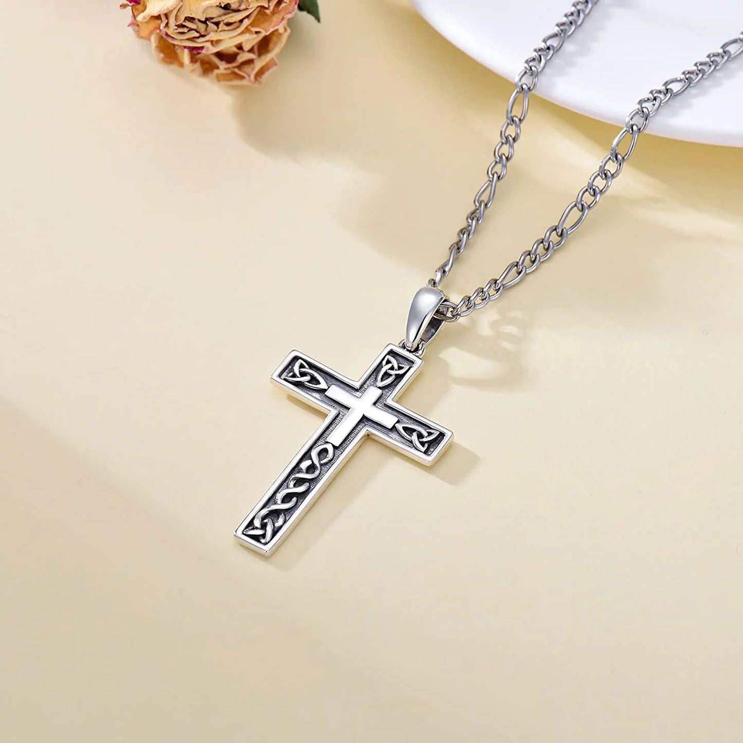 Gift 925 Sterling Silver Cross Necklace for Men Delicate Texture Crucifix Jesus Cross Pendant Necklace