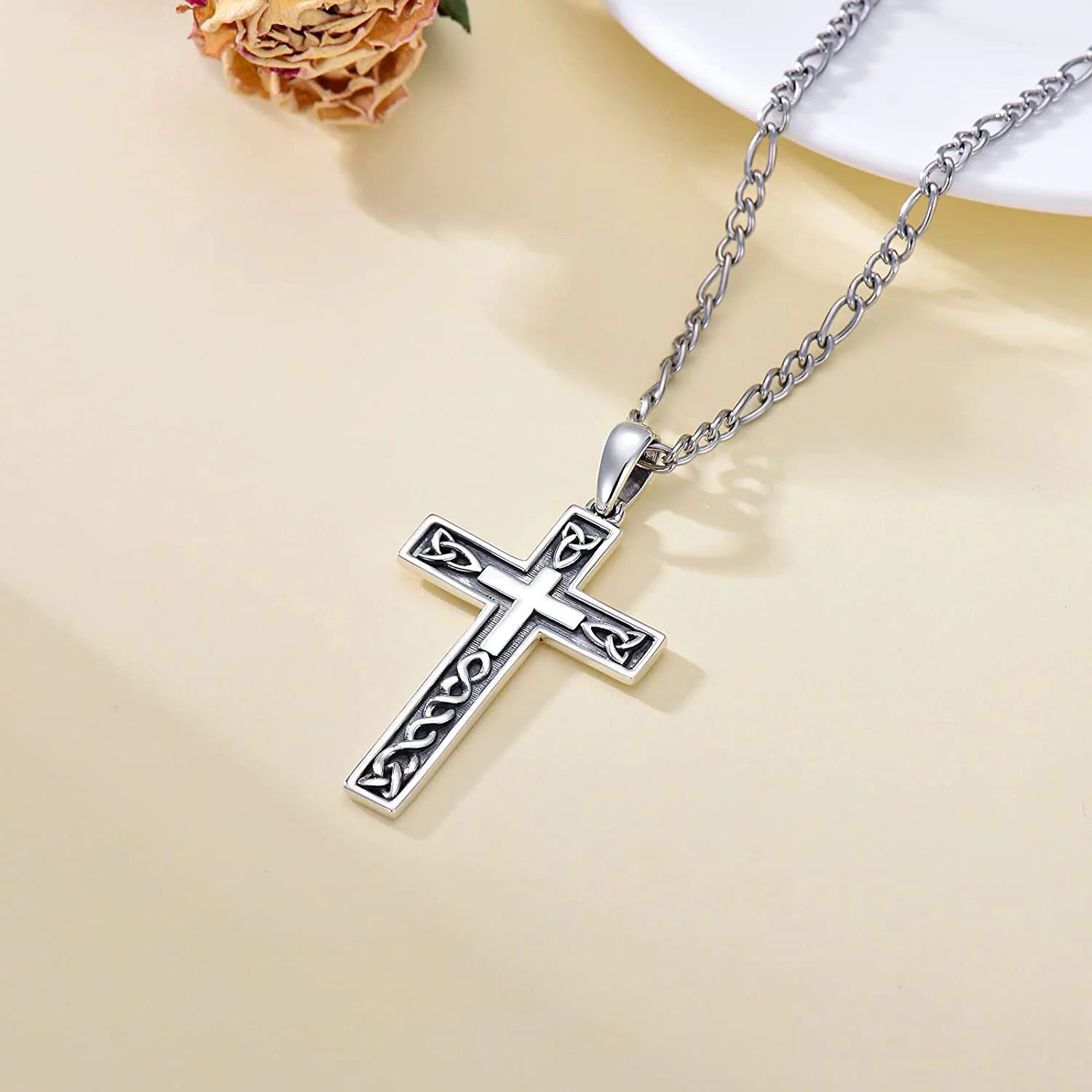 Gift 925 Sterling Silver Cross Necklace for Men Delicate Texture Crucifix Jesus Cross Pendant Necklace