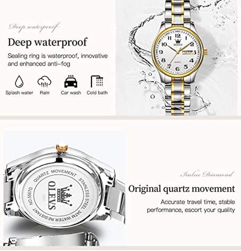 Women Watches Gold Silver Stainless Steel Waterproof Analog Large Easy Reader Day Date Ladies Wrist Watches