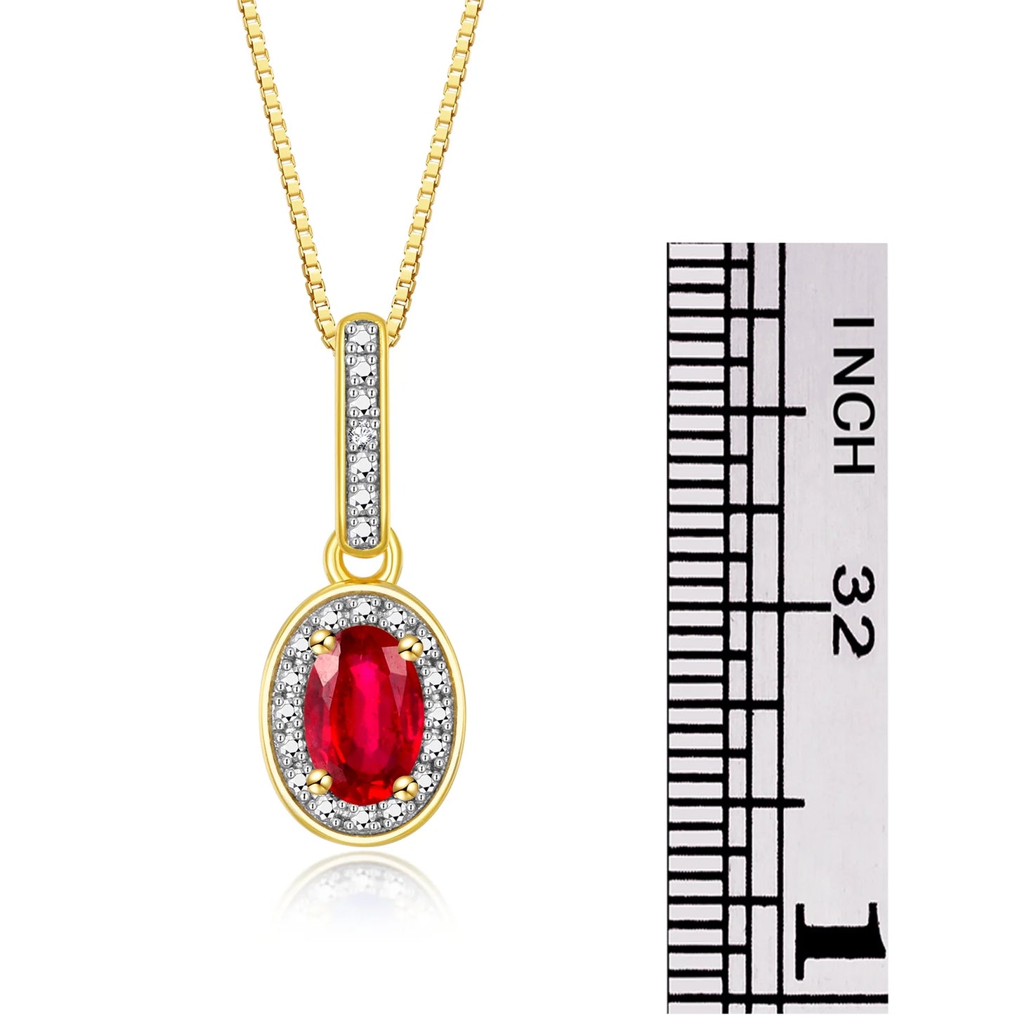 Necklace Yellow Gold Plated Silver 925 Halo Designer Necklace with Gemstone & Diamonds with 18" Chain 6X4MM Ruby July Birthstone Womens Jewelry Silver Necklace