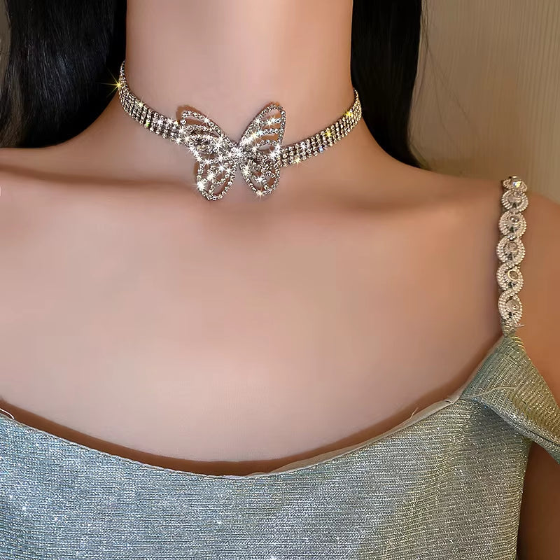 Beautiful Butterfly Crystal Choker Necklaces for Women Shine Rhinestone Necklaces Statement Jewelry Accessories