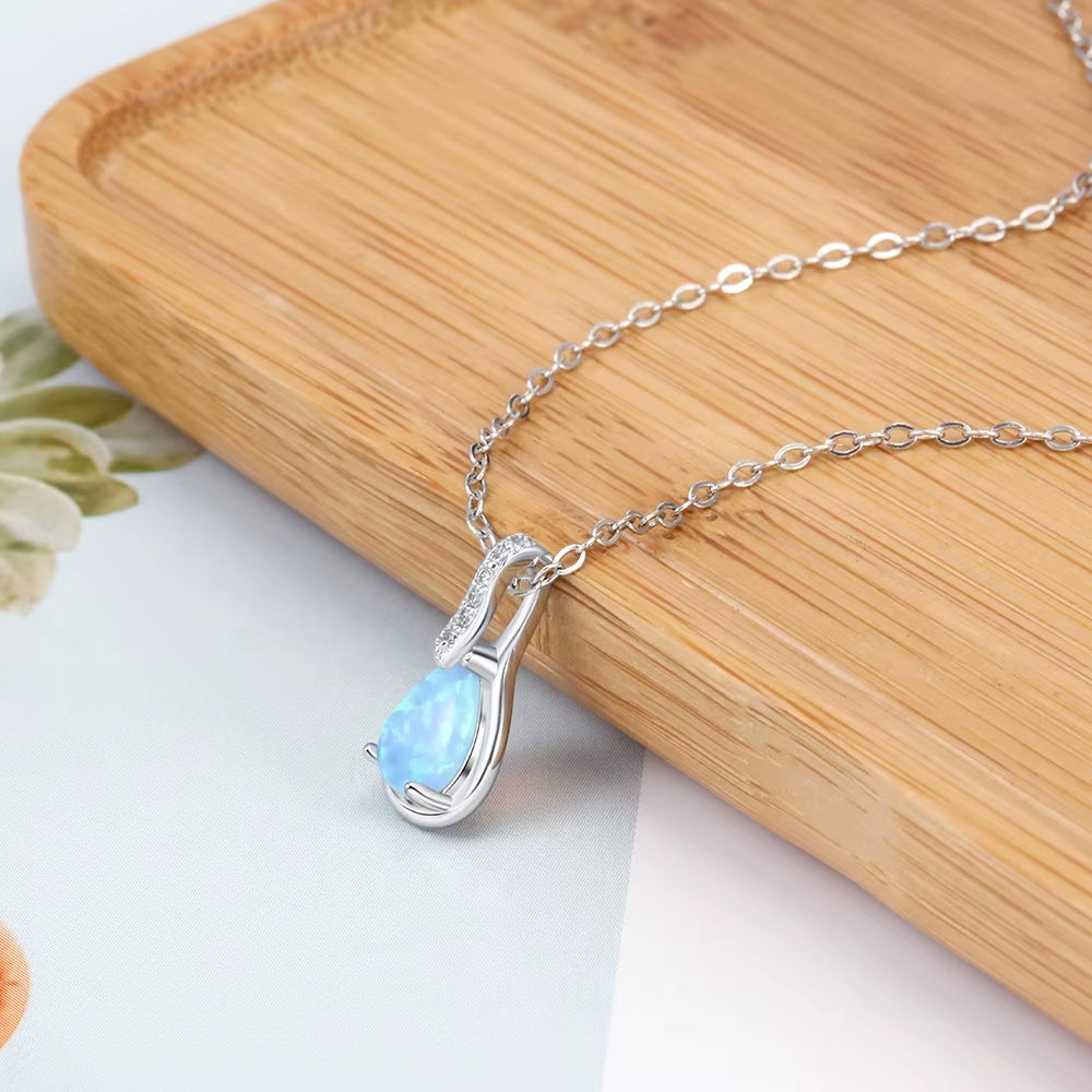 925 Sterling Silver Water Drop Blue Opal Necklaces for Women Geometirc Necklaces & Pendants Jewelry Gift ( NE103210)
