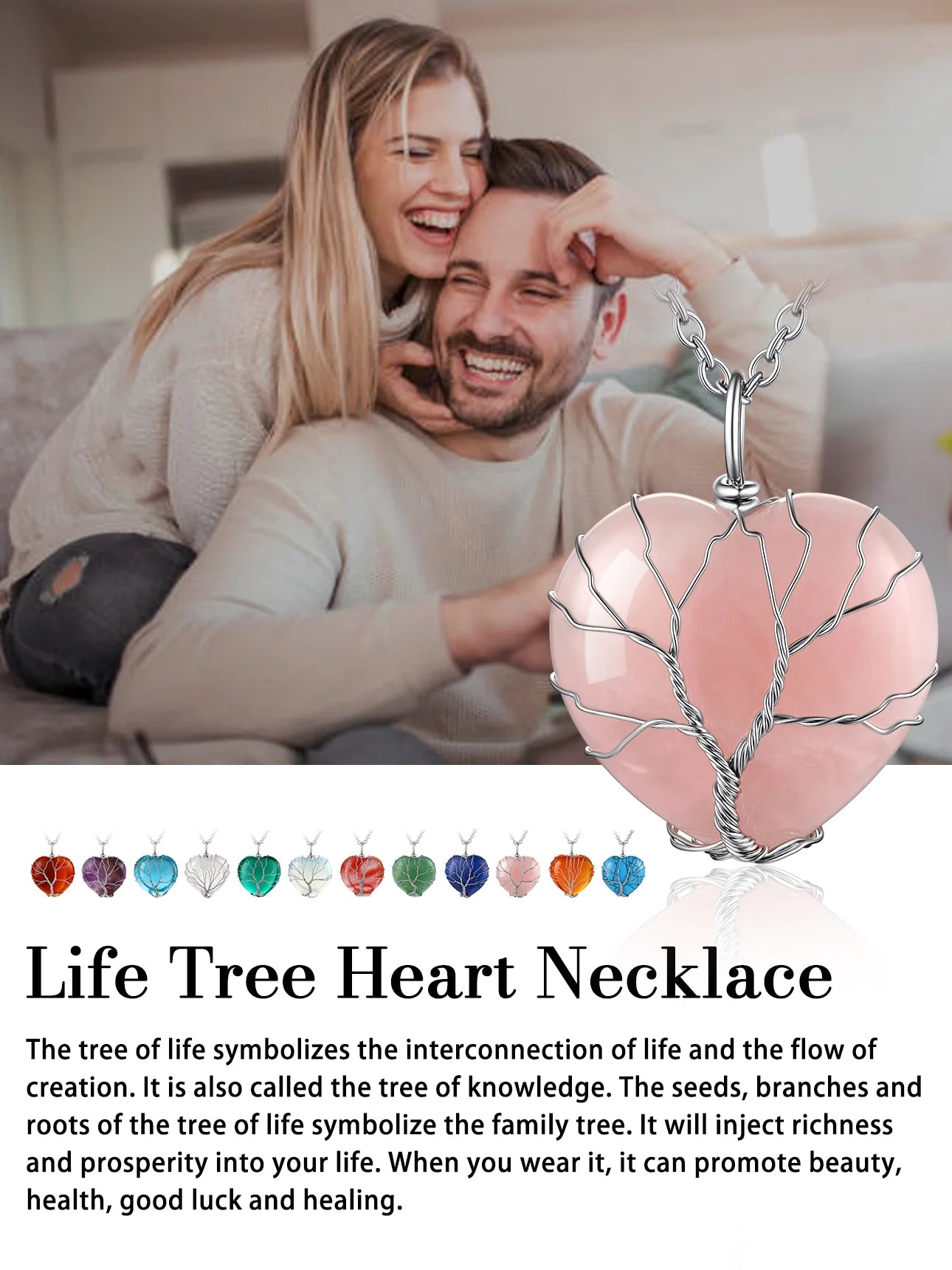 Tree of Life Heart Crystal Necklaces November Birthstone Pendant Synthetic Citrine Gemstones Healing Necklaces for Mother Wife