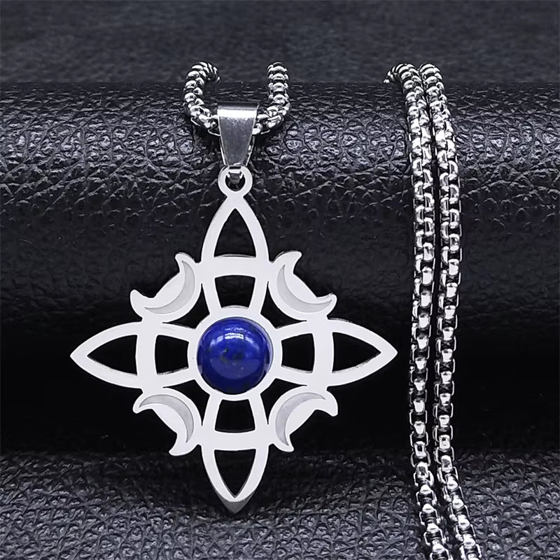 Wicca Celtic Knot Triple Moon Goddess Necklace Stainless Steel Natural Stone Witch Amulet Chain Necklaces Jewelry Collar