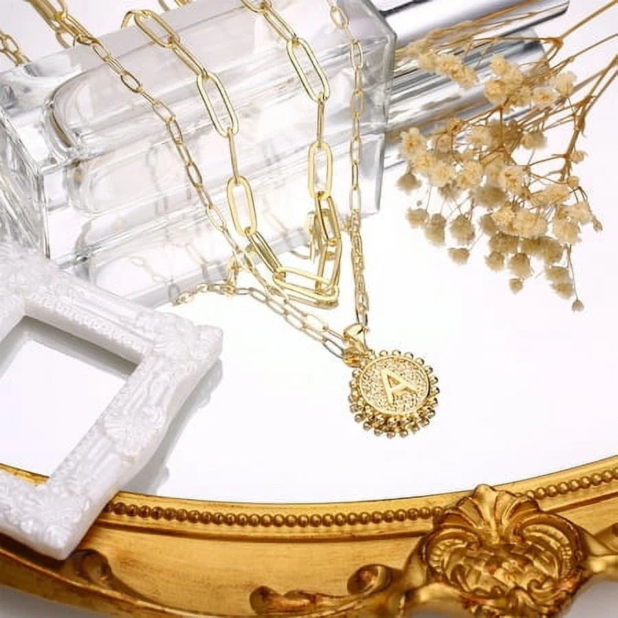 Tingn Gold Initial Necklaces for Women Layering Paperclip Link Coin Jewelry Gift