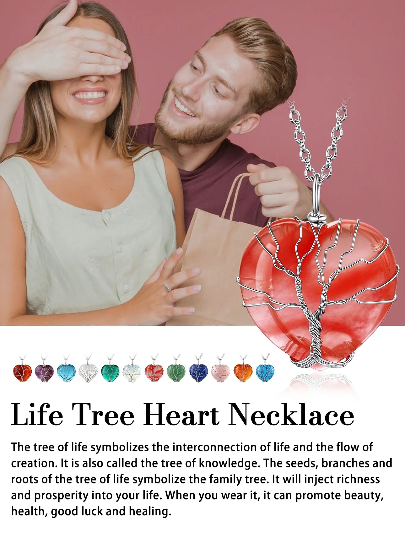 Tree of Life Heart Crystal Necklaces July Birthstone Pendant Nature Red Agate Gemstones Healing Necklaces