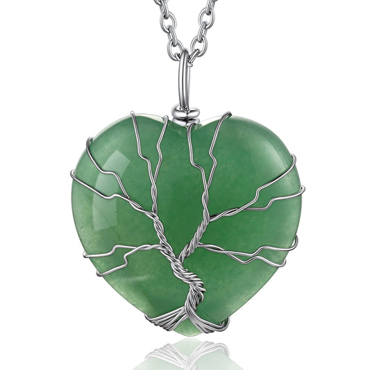 Tree of Life Heart Crystal Necklaces August Birthstone Pendant Nature Aventurine Gemstones Healing Necklaces