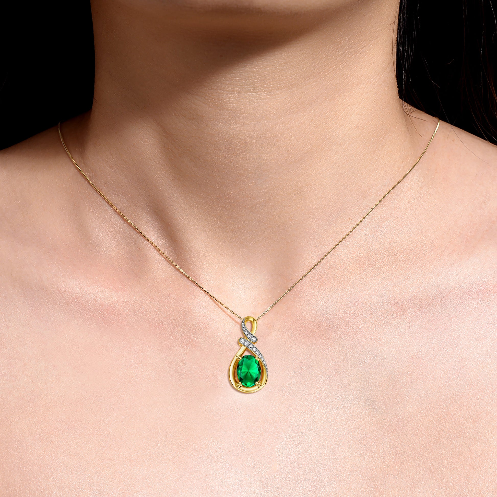 Necklace Yellow Gold Plated Silver Classic Designer Necklace Gemstone & Diamonds Pendant 18" Chain 9X7MM Emerald May Birthstone Womens Jewelry Silver Necklace