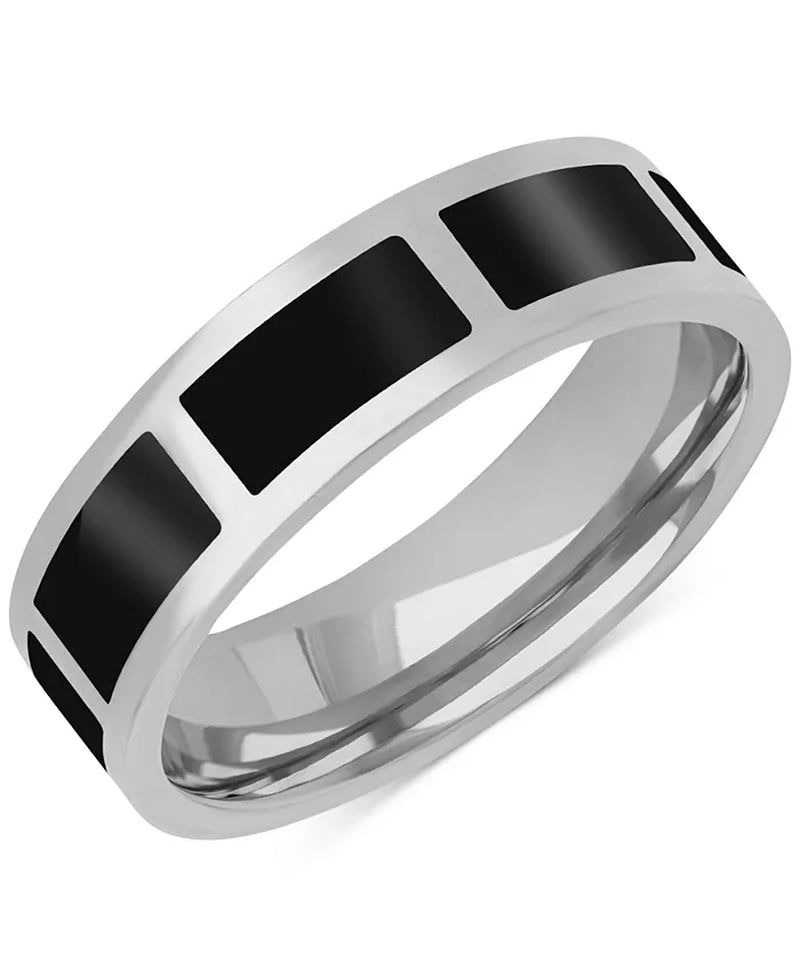 Men'S Polished Black Ceramic Segmented Band in Sterling Silver