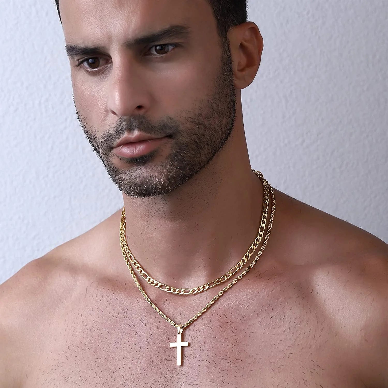 Layered Gold Cross Necklace for Men Boyfriend Son Dad Husband Brother Adult Male Young Stainless Steel Layered Figaro Twist Rope Chains Cross Pendant Necklaces Set Christian Religious Catholic Gifts