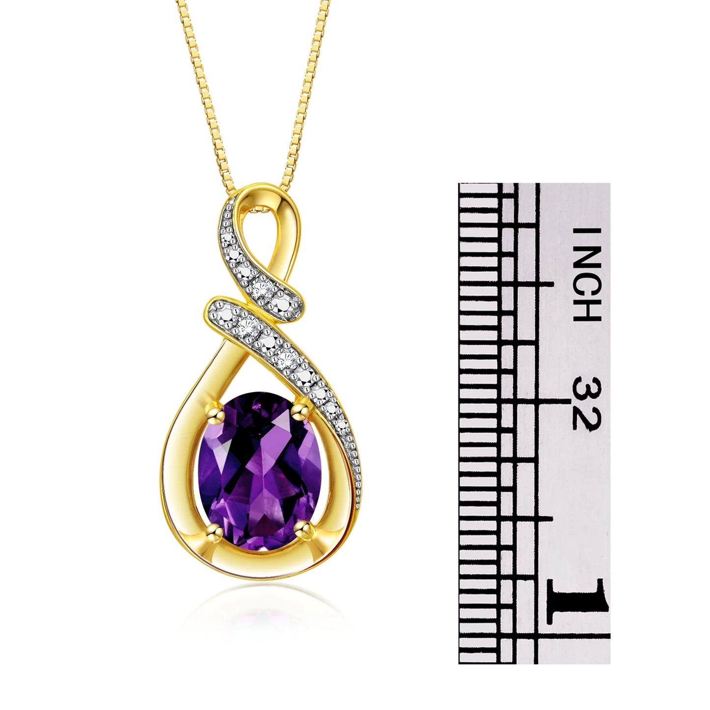Necklace Yellow Gold Plated Silver Designer Necklace Gemstone & Diamonds Pendant 18" Chain 9X7MM Amethyst February Birthstone Womens Jewelry Silver Necklace