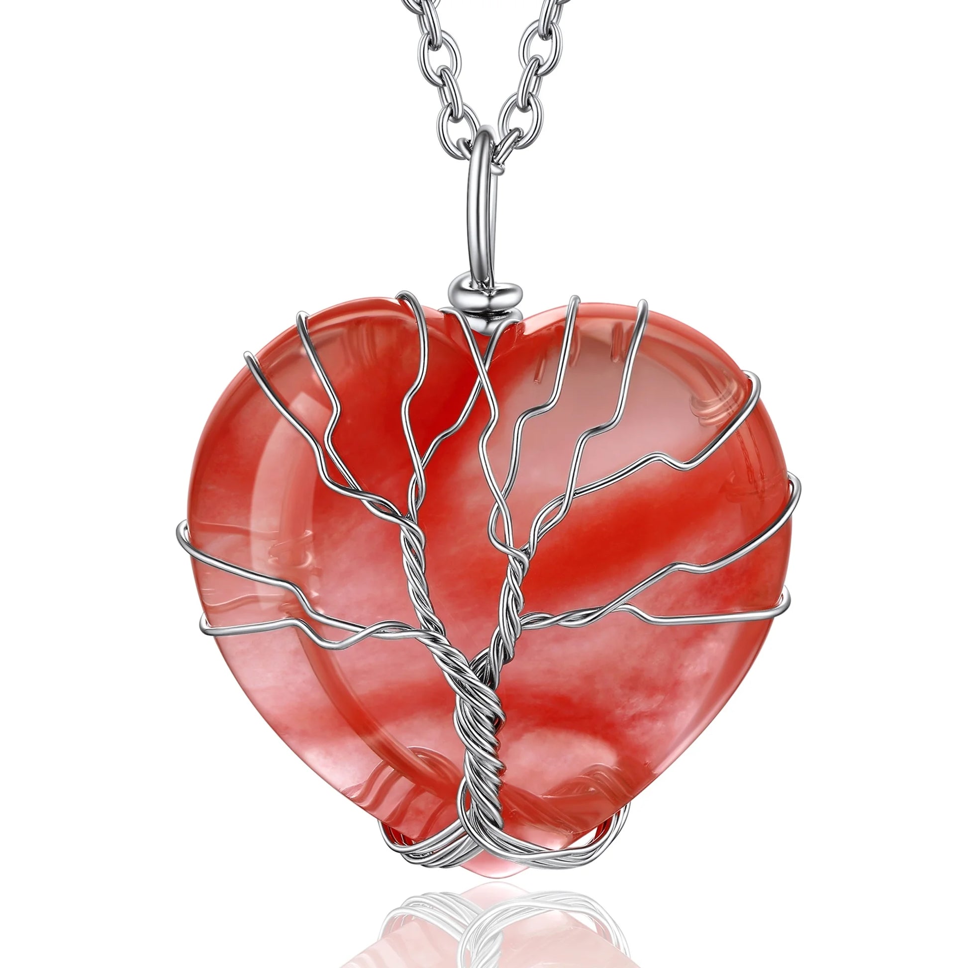 Tree of Life Heart Crystal Necklaces July Birthstone Pendant Nature Red Agate Gemstones Healing Necklaces