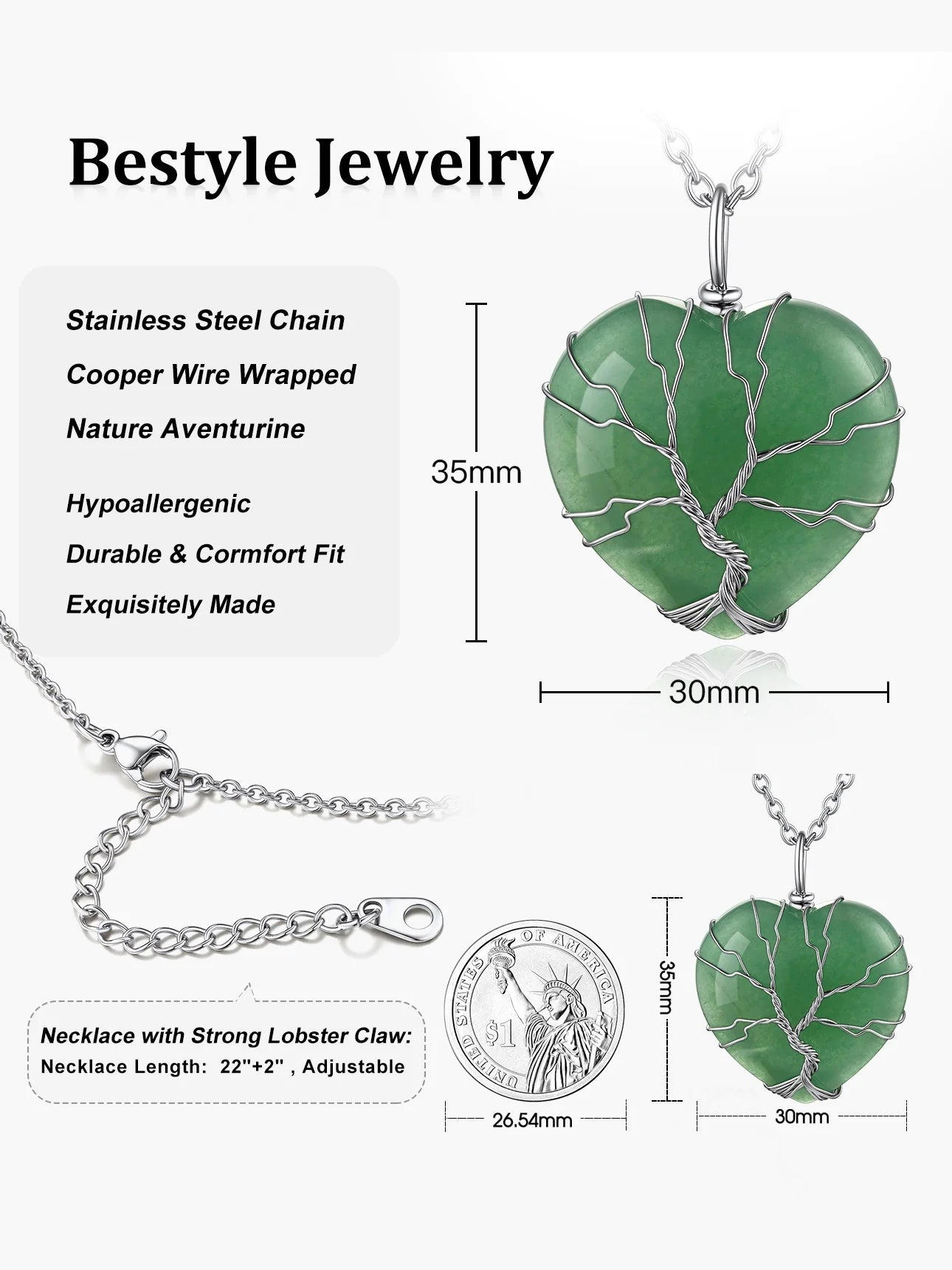 Tree of Life Heart Crystal Necklaces August Birthstone Pendant Nature Aventurine Gemstones Healing Necklaces