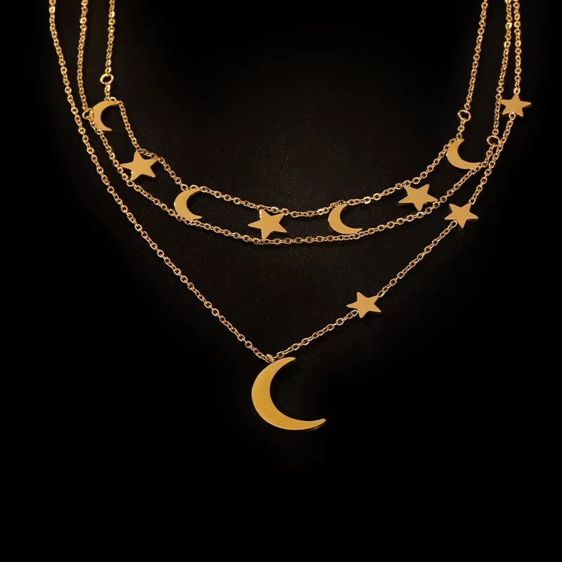 Small Crescent Moon and Stars Necklaces Hollow Double Layer Chain Choker Necklaces Unusual Statement Boho Sea Necklace