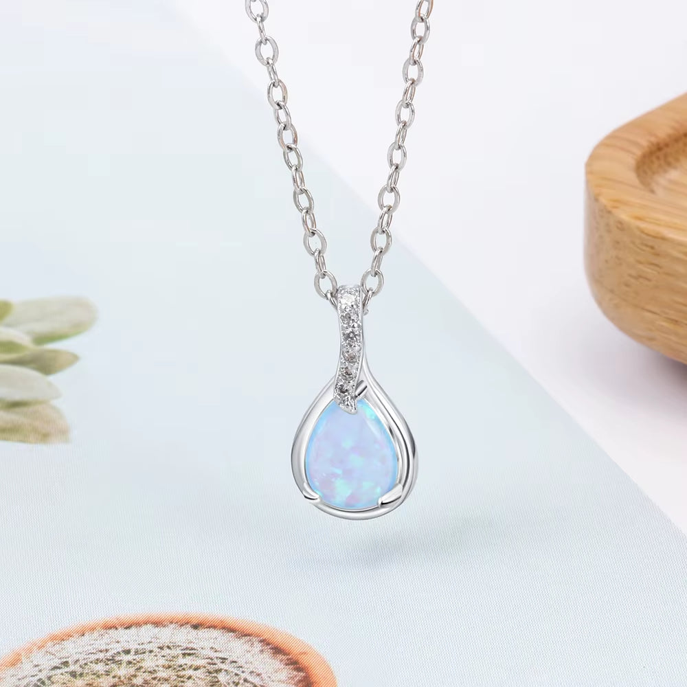 925 Sterling Silver Water Drop Blue Opal Necklaces for Women Geometirc Necklaces & Pendants Jewelry Gift ( NE103210)