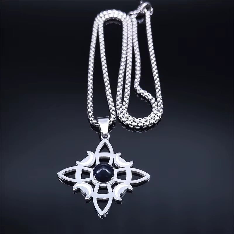 Wicca Celtic Knot Triple Moon Goddess Necklace Stainless Steel Natural Stone Witch Amulet Chain Necklaces Jewelry Collar