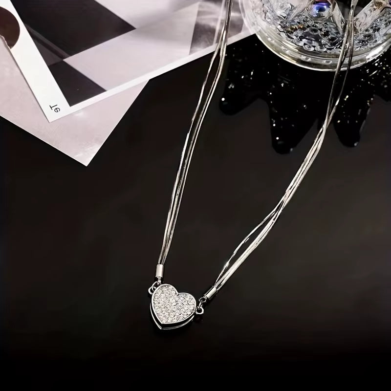 Elegant Heart Shaped Zircon Pendant Necklace Fashion Multilayer Magnetic Clasp Clavicle Chain for Women New Party Gift Jewelry
