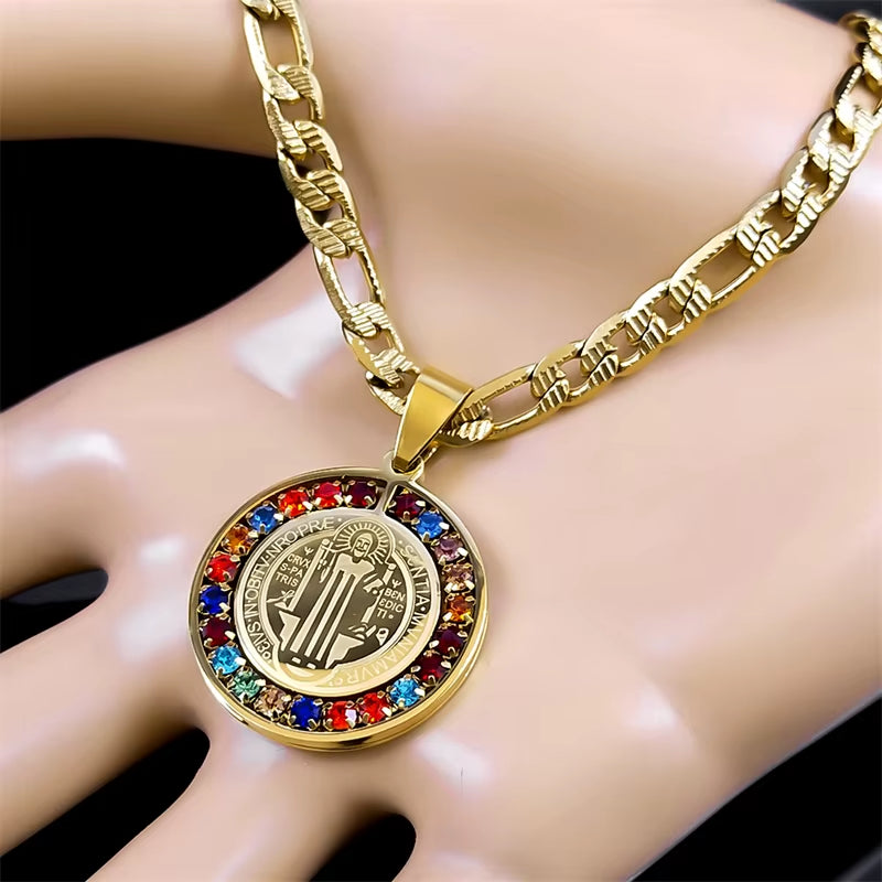 Colorful Crystal Saint Benedict Medal Necklace Women Men Stainless Steel Gold Color Chain Necklaces Jewelry San Benito N8391S05