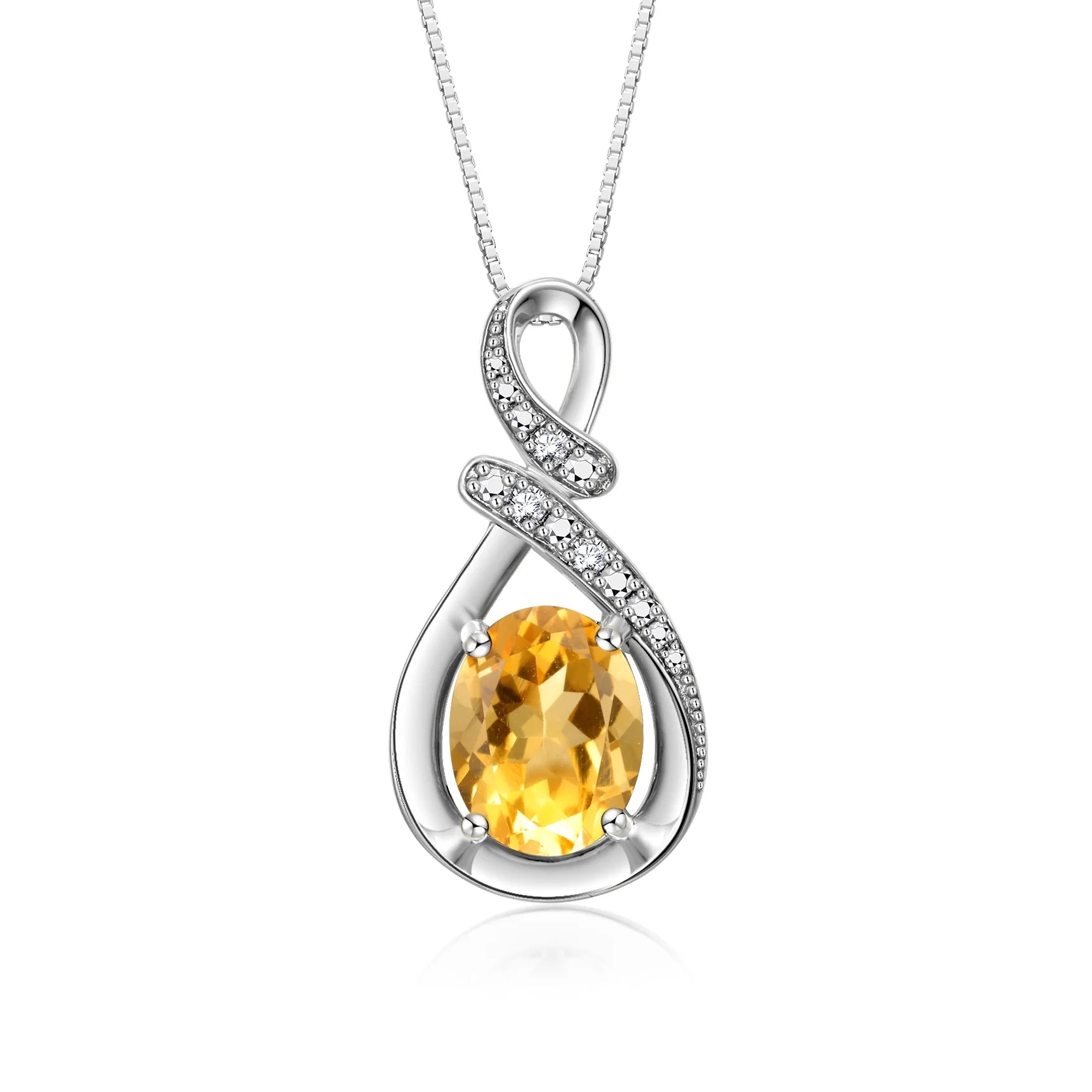 Necklace Sterling Silver Classic Designer Necklace Gemstone & Diamonds Pendant with 18" Chain 9X7MM Citrine November Birthstone Womens Jewelry Silver Necklace