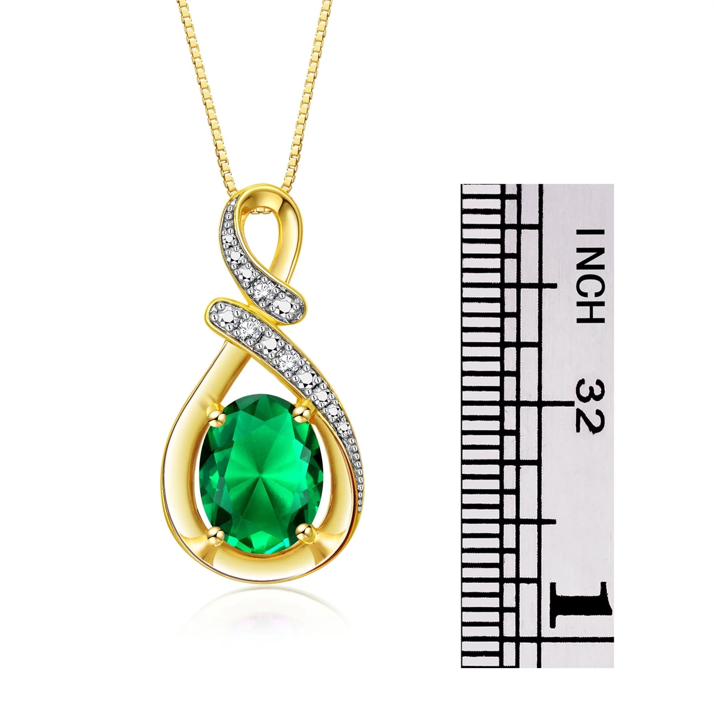 Necklace Yellow Gold Plated Silver Classic Designer Necklace Gemstone & Diamonds Pendant 18" Chain 9X7MM Emerald May Birthstone Womens Jewelry Silver Necklace