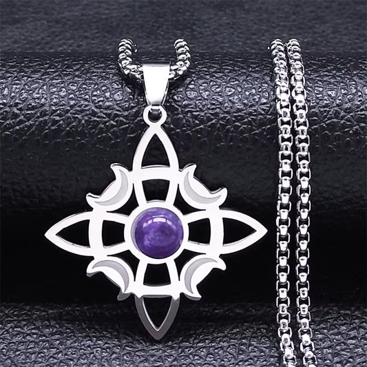 Wicca Celtic Knot Triple Moon Goddess Necklace Stainless Steel Natural Stone Witch Amulet Chain Necklaces Jewelry Collar