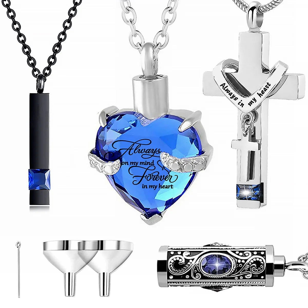 4Pcs Urn Necklace Set Stainless Steel Cremation Jewelry Heart Cylindrical Cross Rectangular Ashes Keepsake Waterproof Urn Memorial Pendant for Men Women