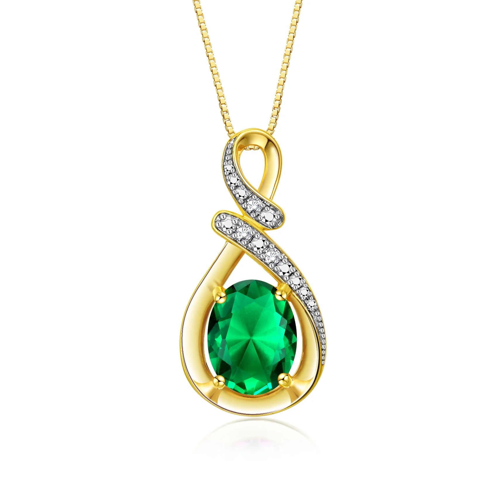 Necklace Yellow Gold Plated Silver Classic Designer Necklace Gemstone & Diamonds Pendant 18" Chain 9X7MM Emerald May Birthstone Womens Jewelry Silver Necklace