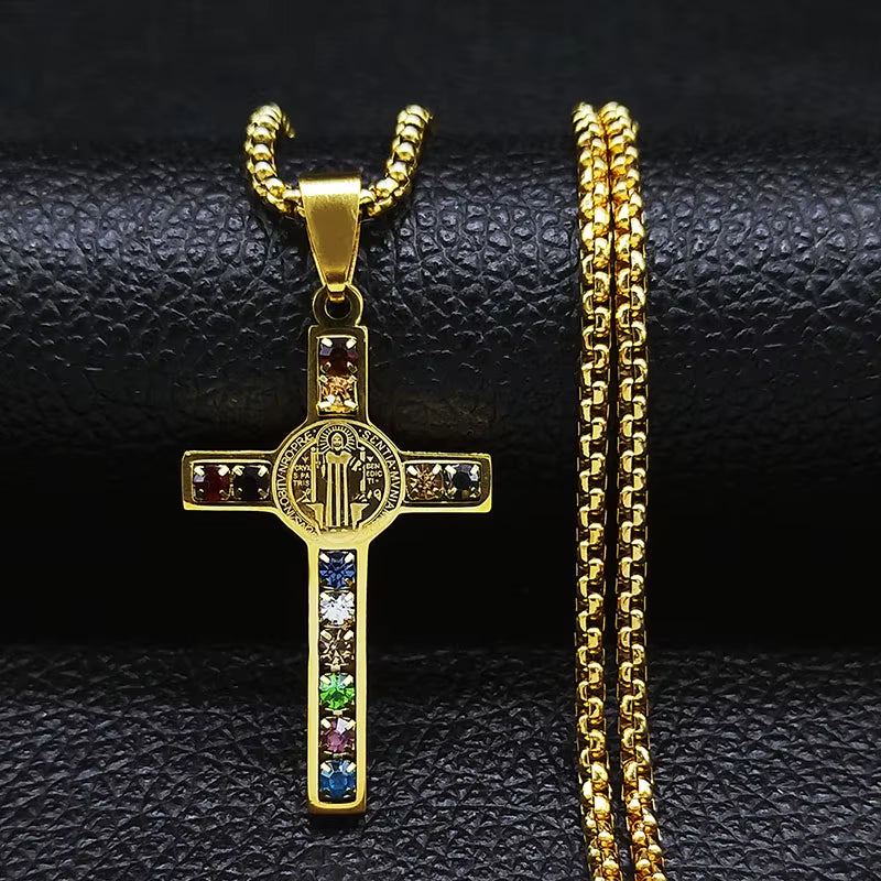 Catholic Jesus Cross Stainless Steel Necklace Saint Benedict Crystal Virgin Mary Pendant Crucifix Male Necklaces Jewelry Cruz