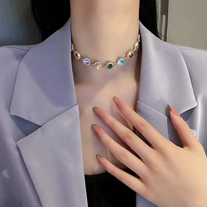 Geometric Colorful Crystal Choker Necklaces for Women Clavicle Chain Necklaces Jewelry Bijoux for Party Gift Accessories